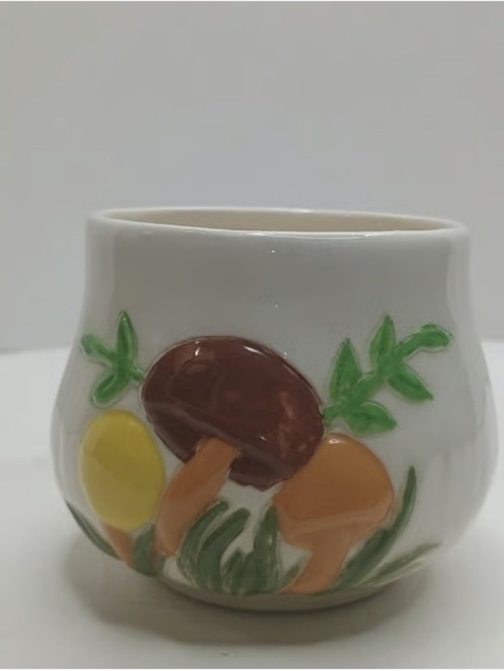 Hand-Painted Ceramic Mushroom Vase - White with Brown & Yellow Accents